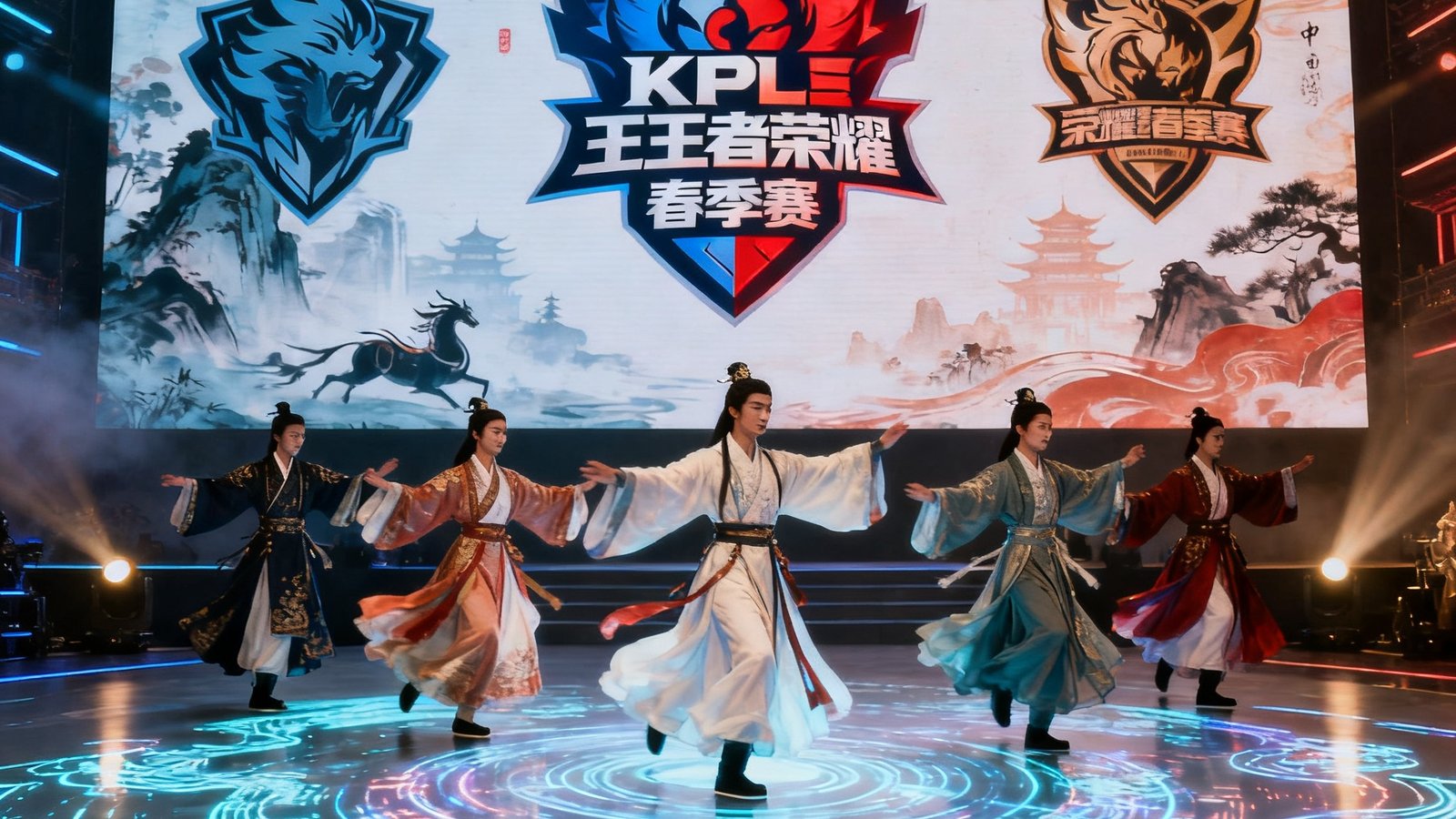 KPL王者荣耀春季赛开幕式上，舞者在全息投影舞台上进行中国风表演，身后巨幅屏幕展示着参赛战队标志