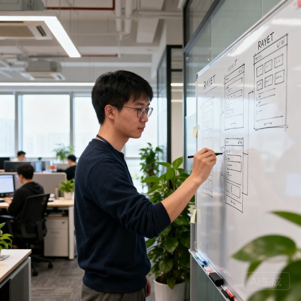 RAYBET雷竞技产品设计总监王浩然，年轻男性，在开放式办公室中对着白板绘制用户界面草图